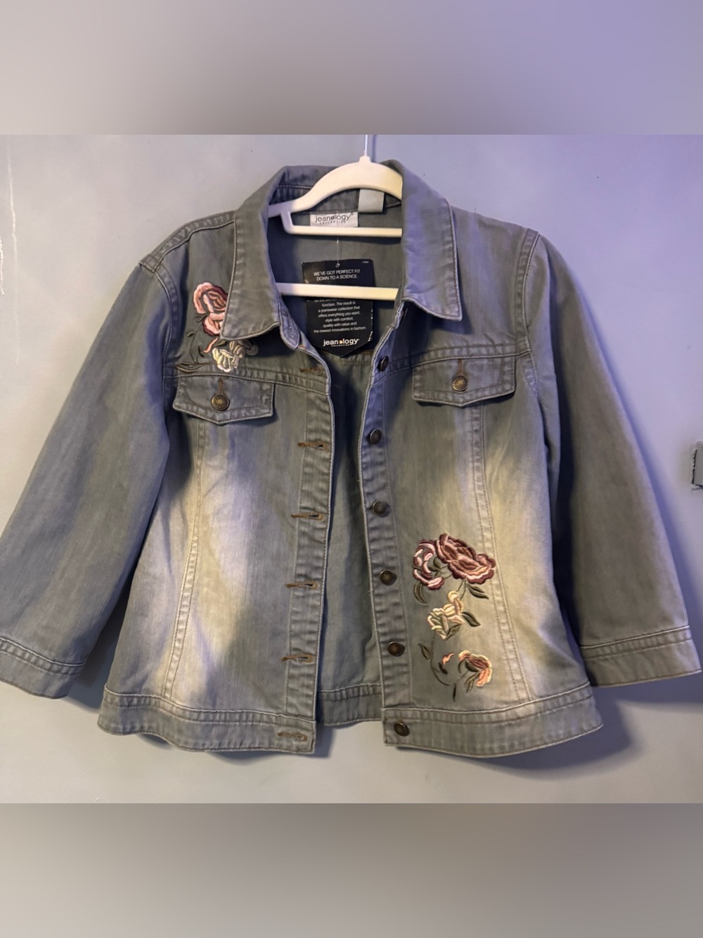 Jeanology Embroidered Light Denim Jean Jacket with Rose Accents Size 14